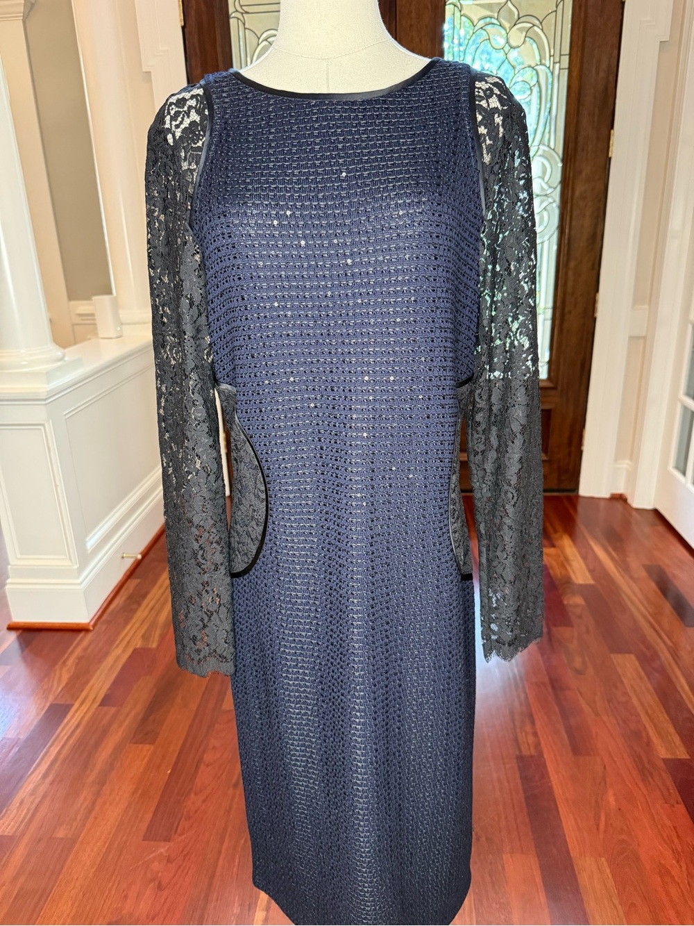 St. John Navy Sheath Dress with Black Lace Sleeves